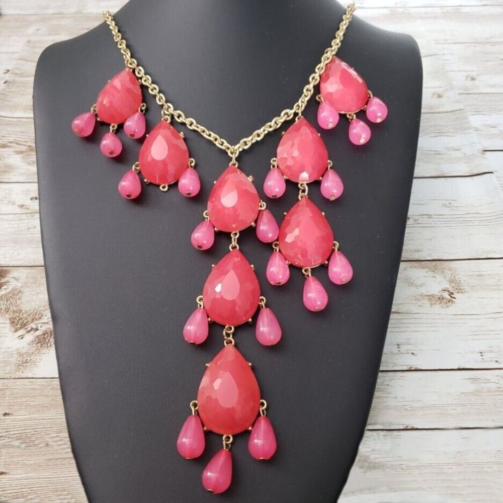 Vintage Necklace Long Statement Pink & Gold Tone